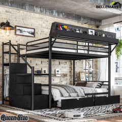 Angled view of queen size black metal bunk bed with built-in staircase cabinets and guardrails