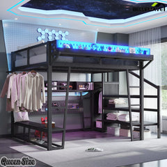 Queen gaming loft bed with wardrobe bench and storage