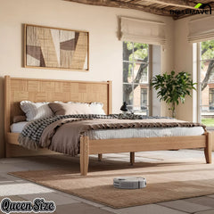 Queen Size Bamboo Platform Bed Natural Finish Bedroom