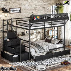 Queen size black metal bunk bed with storage staircase, upper rack and lower fabric drawers