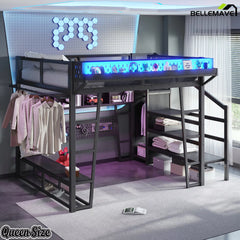 Queen loft bed with LED lights and gaming setup
