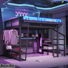 Queen size gaming loft bed with storage staircase and wardrobe