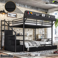 Queen size black metal bunk bed showing upper bunk guardrails, lower bunk and staircase storage