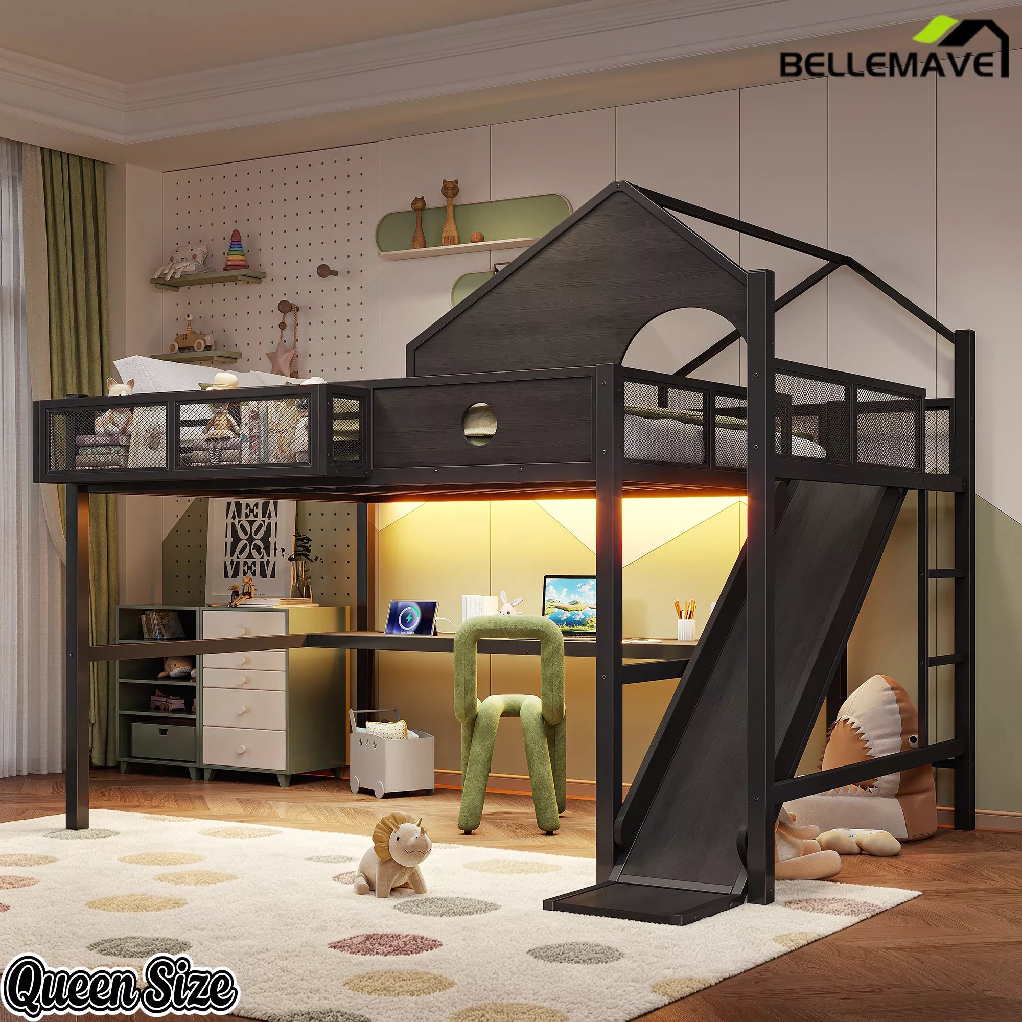 Queen loft bed with USB ports and LED lights