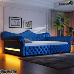Blue upholstered queen daybed with warm LED accent lighting