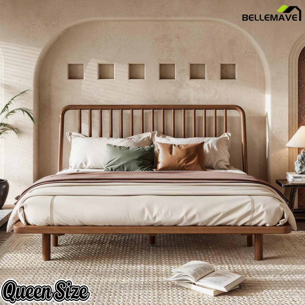 Queen Brown Bamboo Platform Bed Front View