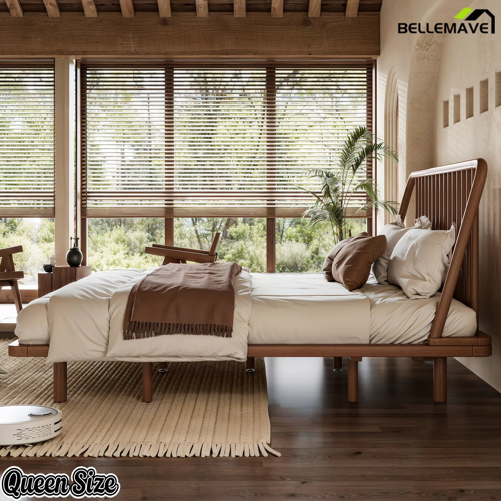 Queen Brown Bamboo Platform Bed Lifestyle View
