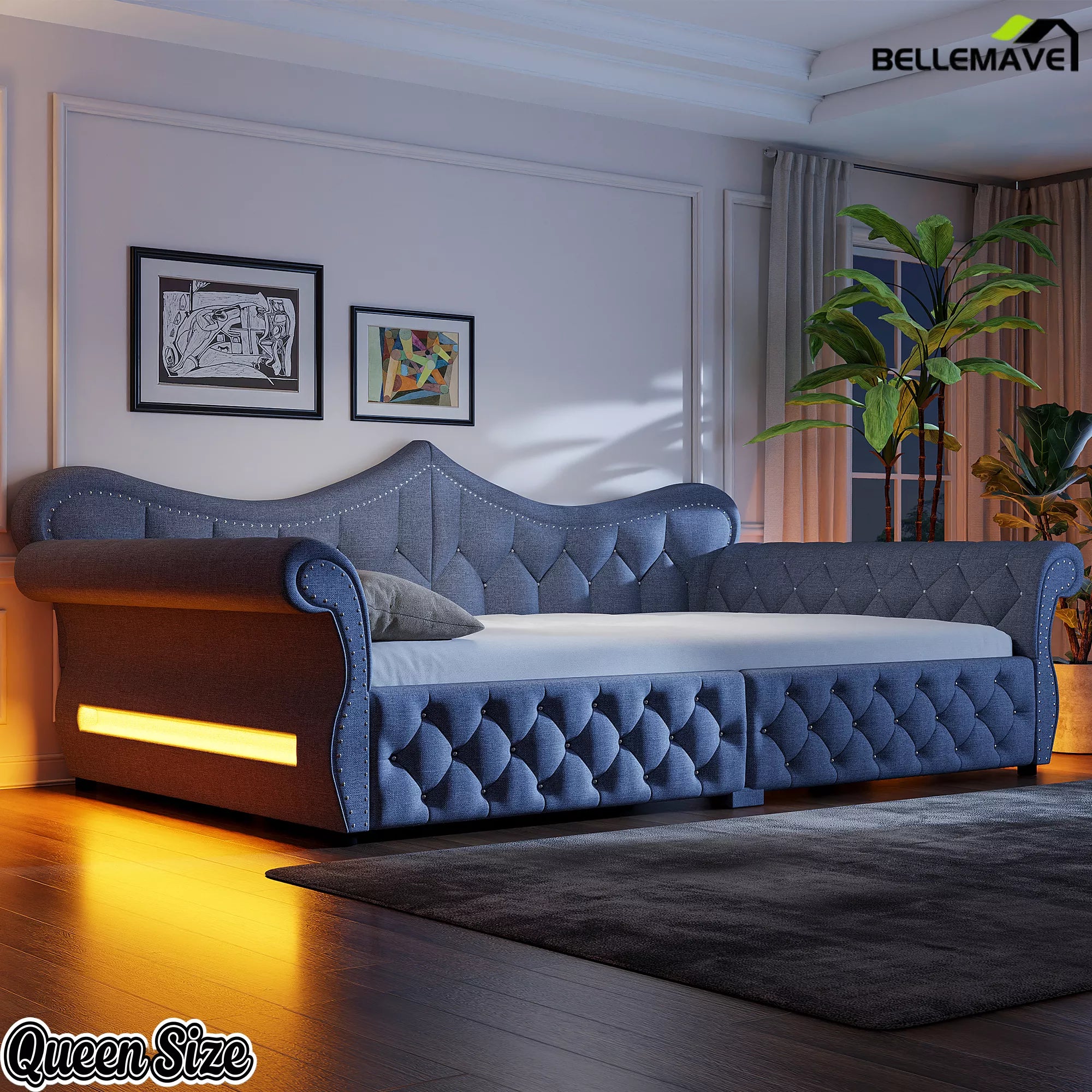 Gray upholstered daybed with warm LED accent lighting in a bedroom