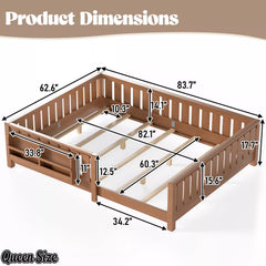 Queen Montessori floor bed with wooden frame and safety guardrails