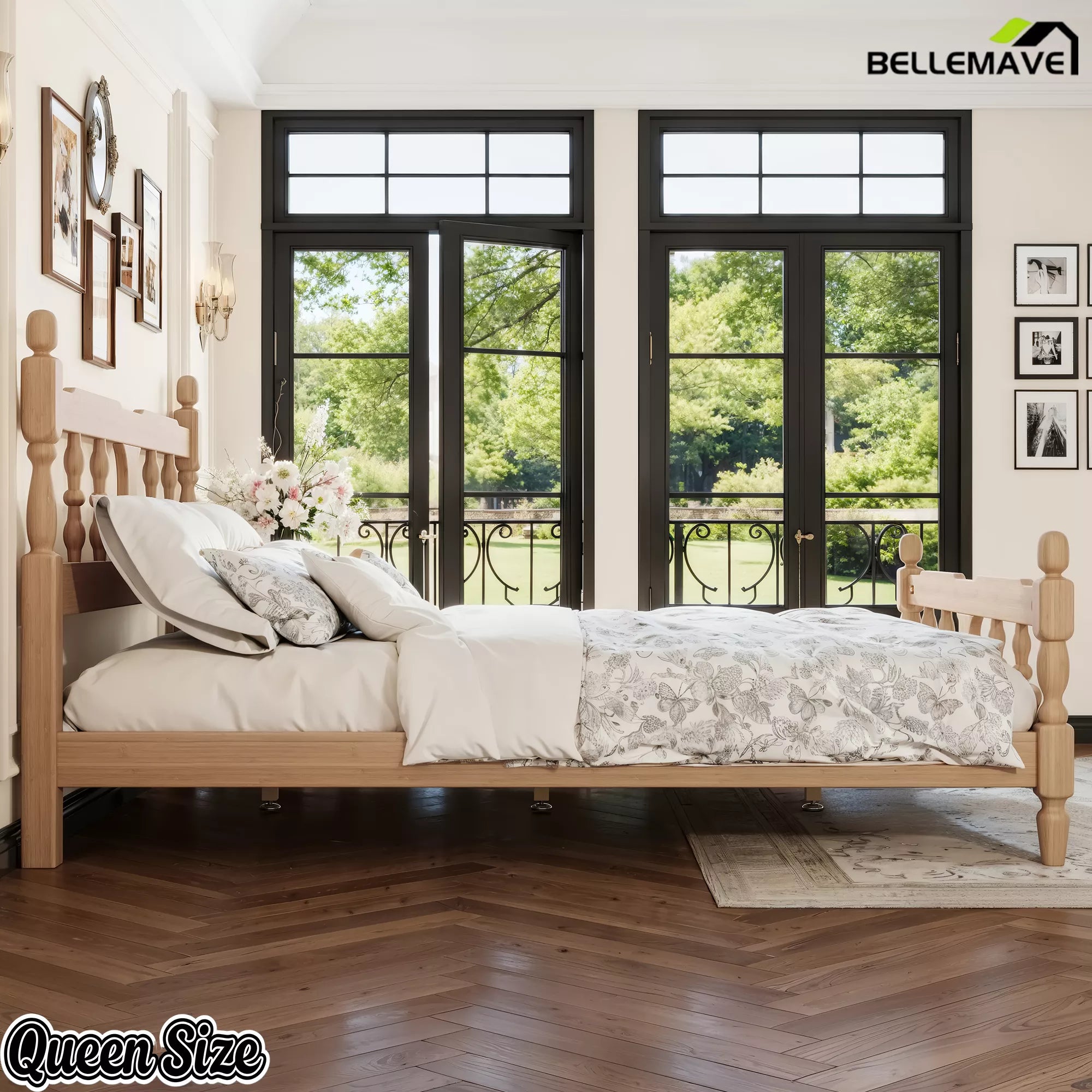 Queen bamboo platform bed with square cutout headboard