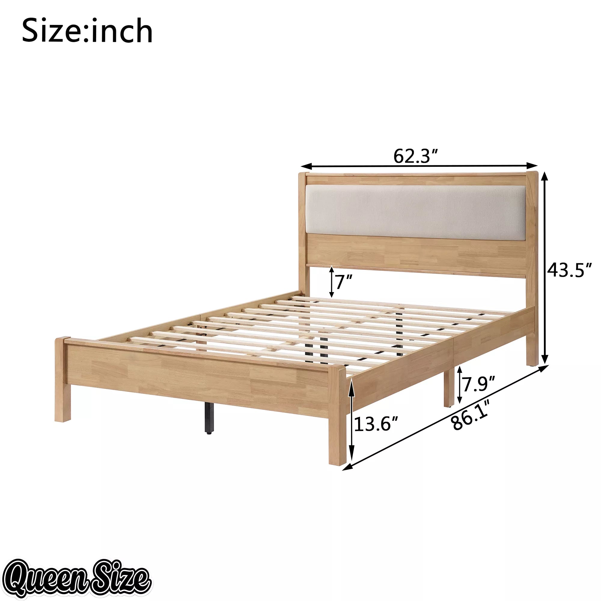 Queen bed frame dimension diagram showing overall measurements and under-bed clearance
