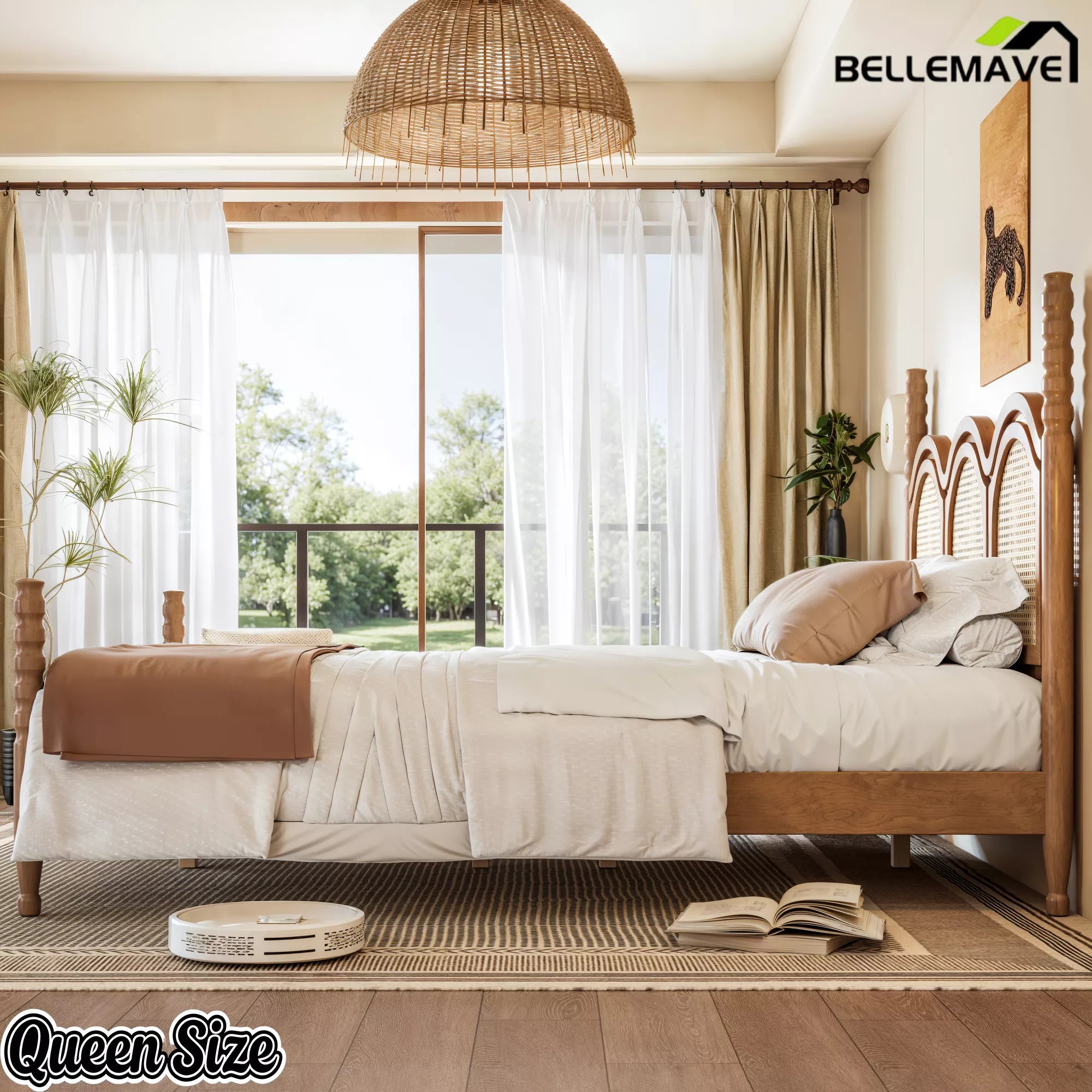 natural color queen platform bed with arched woven headboard