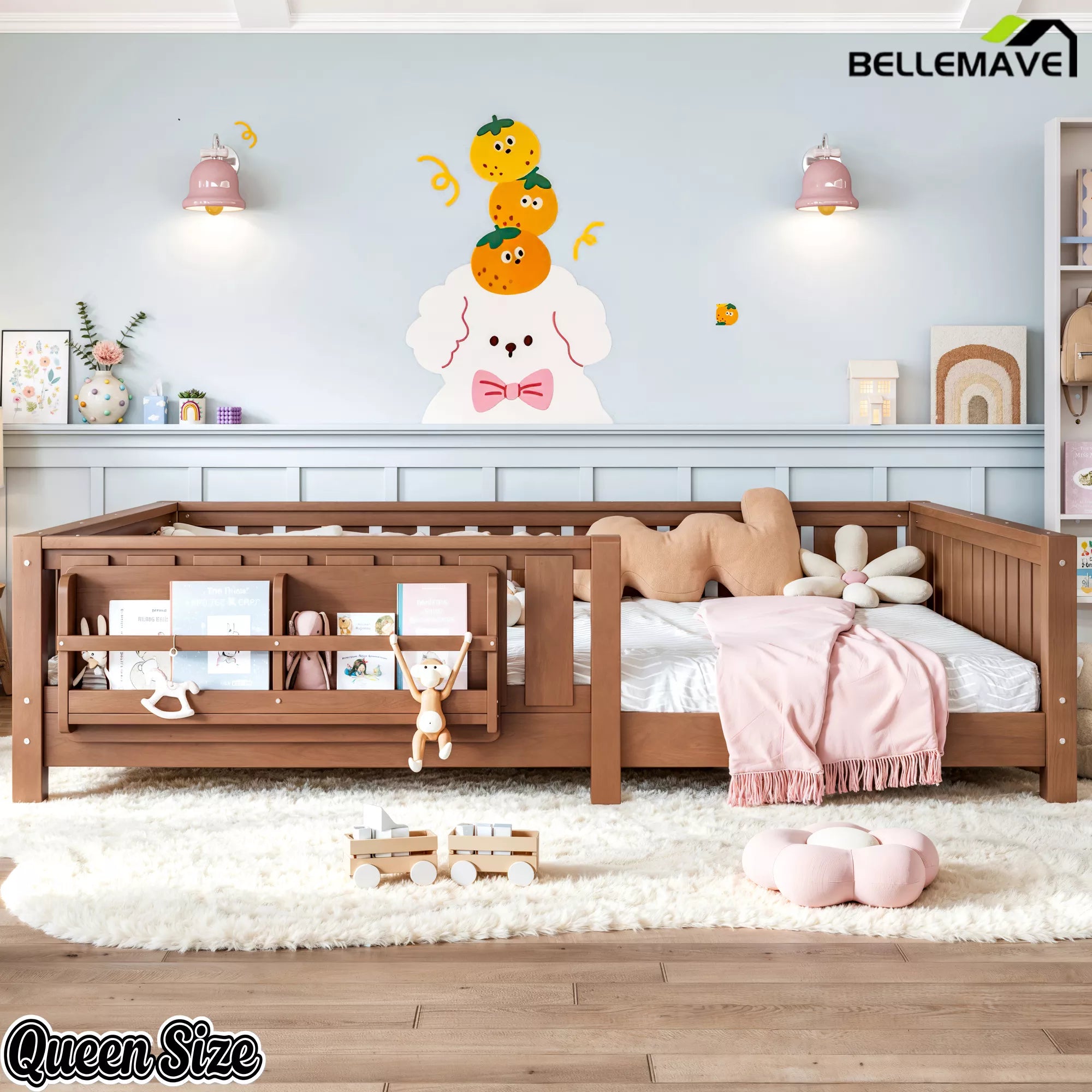 Queen size kids floor bed with built-in bookshelf design