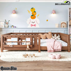 Queen size kids floor bed with built-in bookshelf design