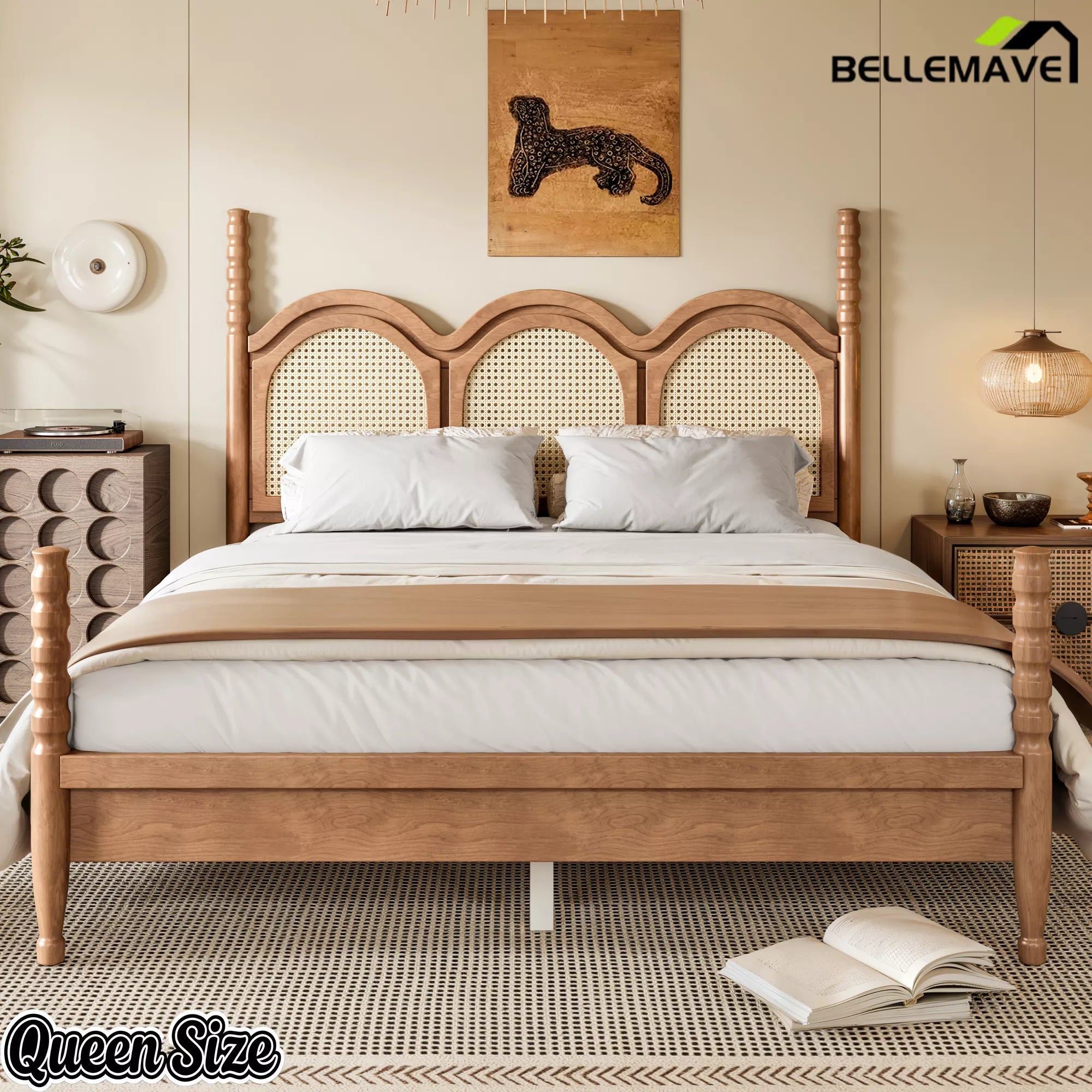 wooden queen bed frame with curved woven headboard design