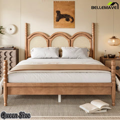 wooden queen bed frame with curved woven headboard design