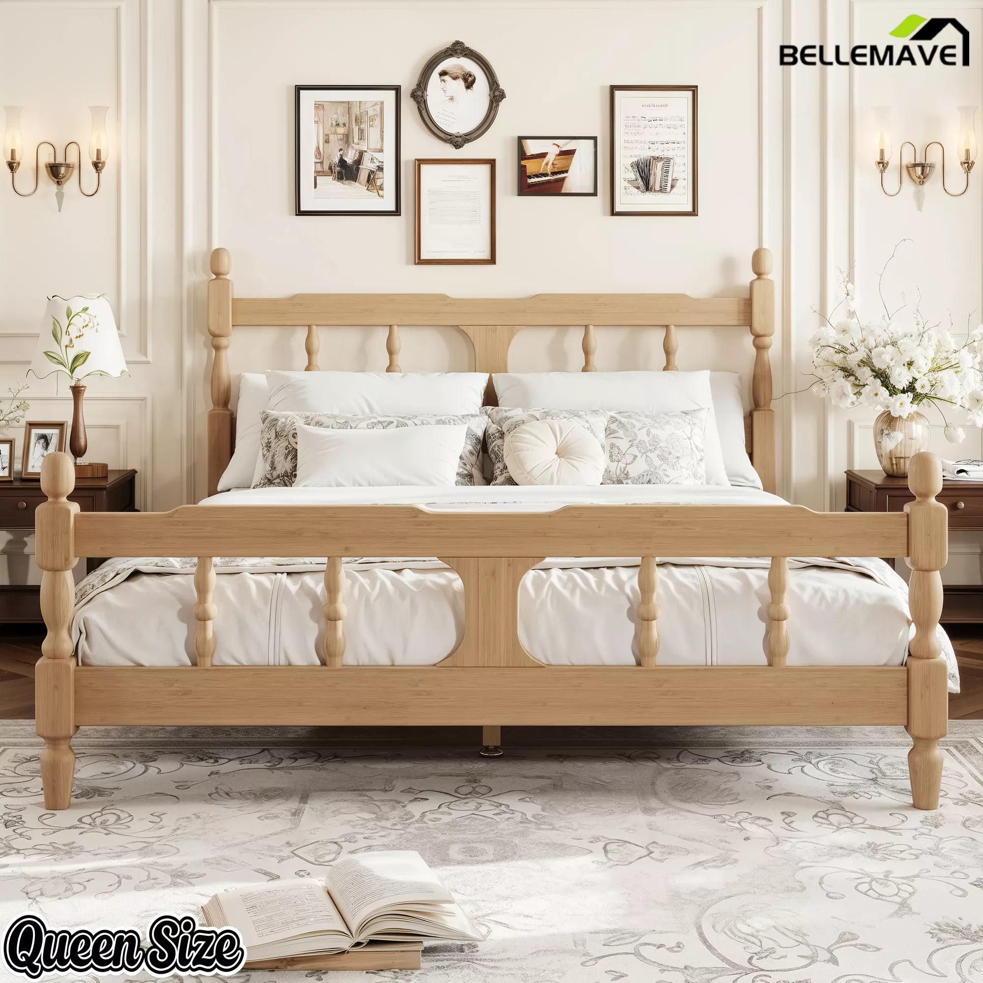 Natural finish queen bamboo bed frame front view
