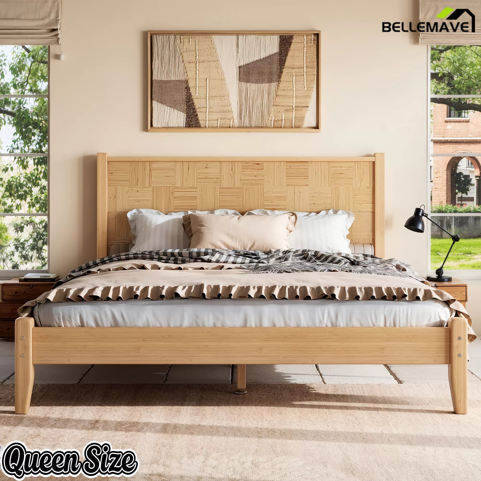 Queen Size Bamboo Platform Bed with Woven Headboard