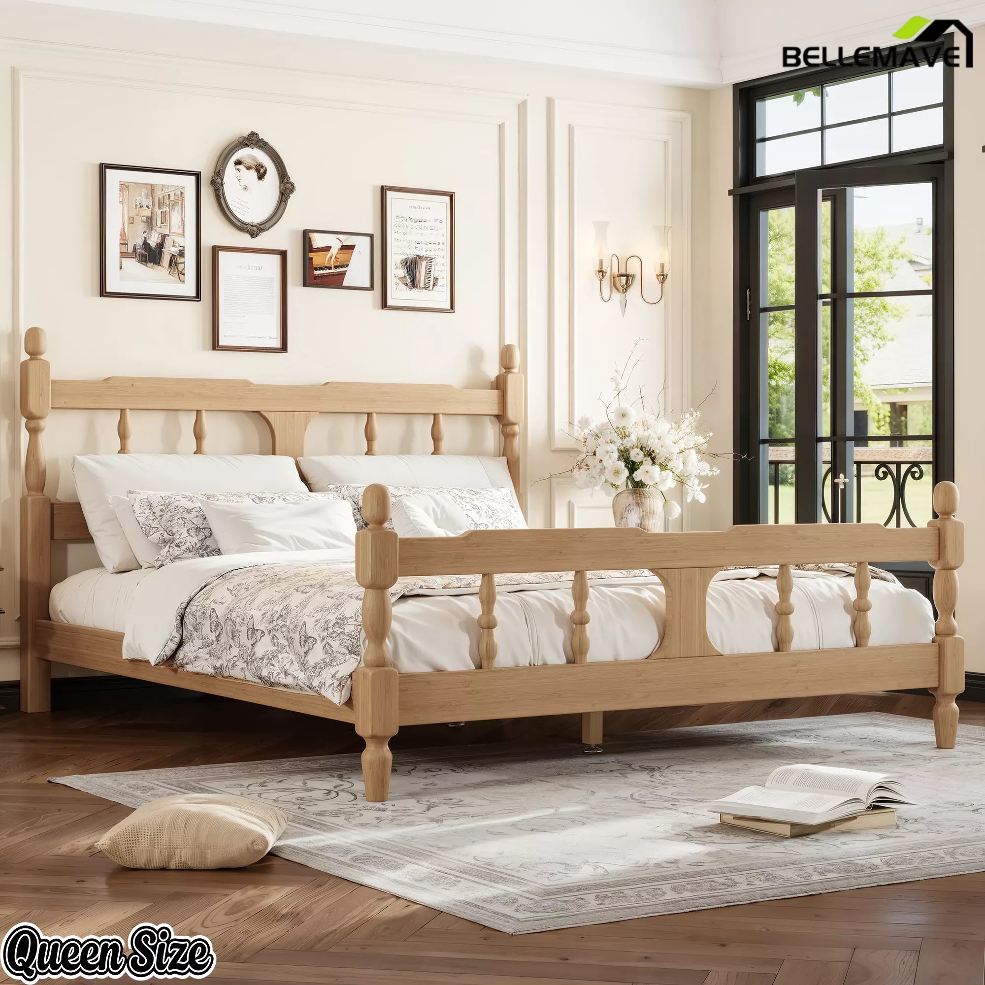 Queen size bamboo platform bed in modern bedroom