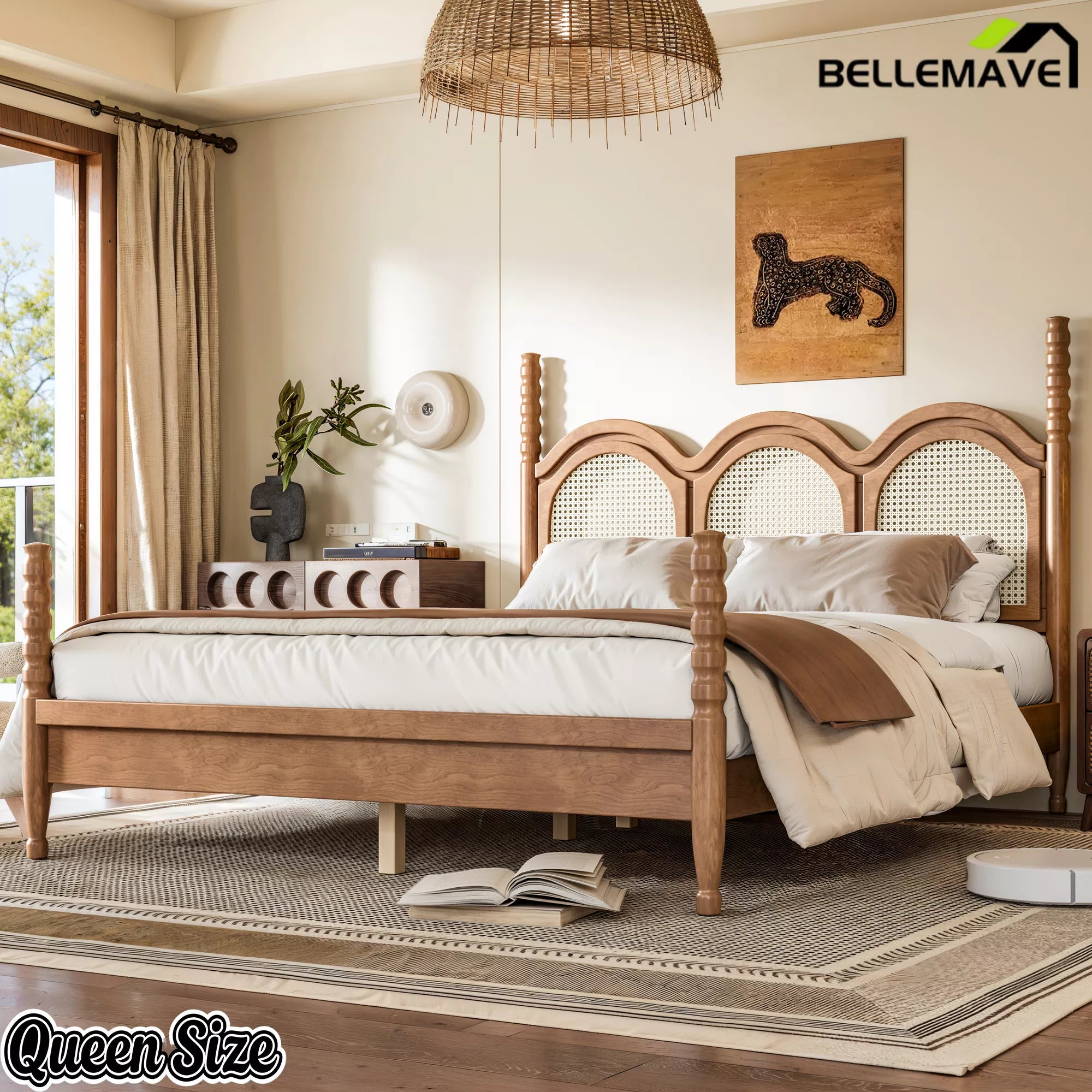 queen size platform bed with four poster style wooden frame