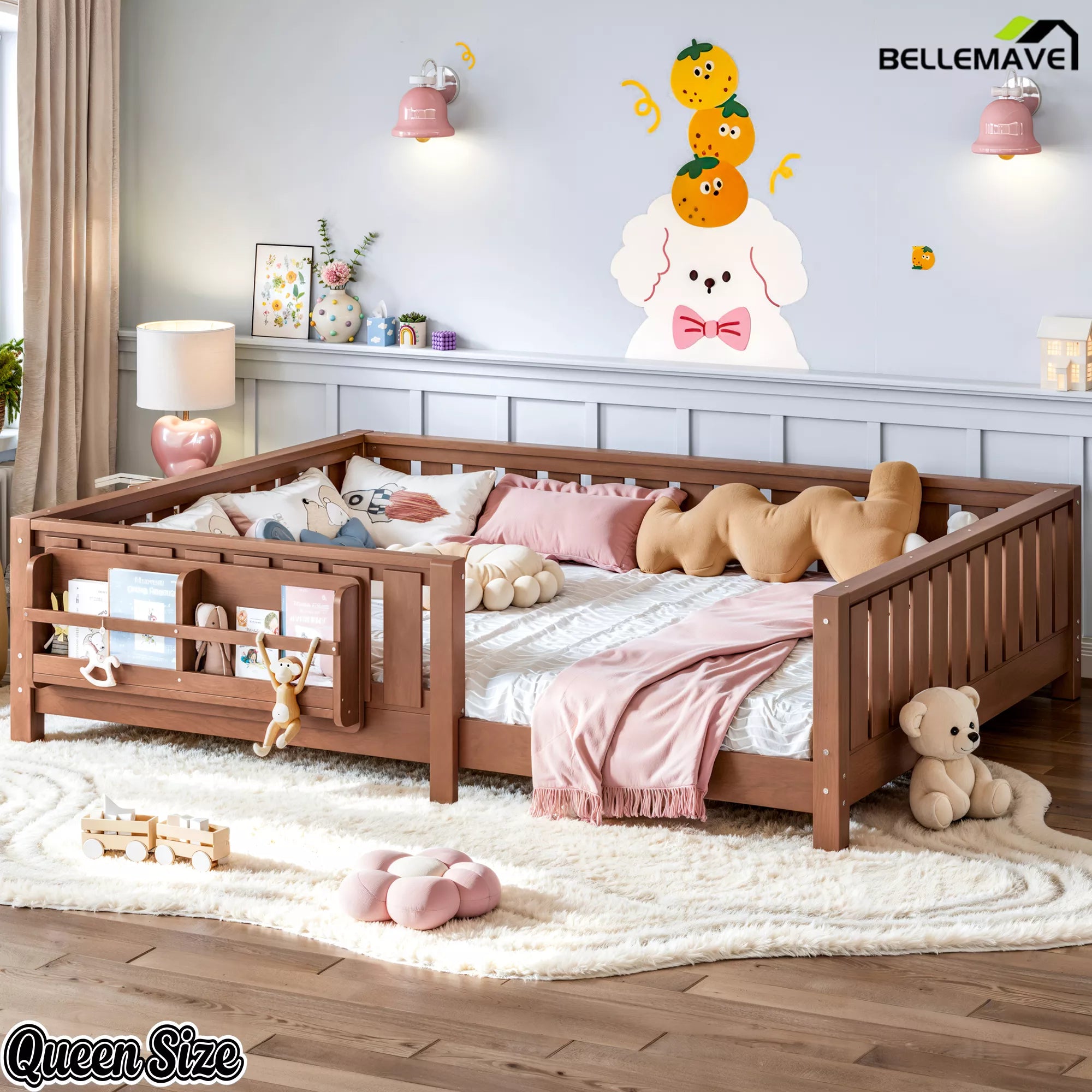 Queen kids floor bed with low profile frame and safety rails