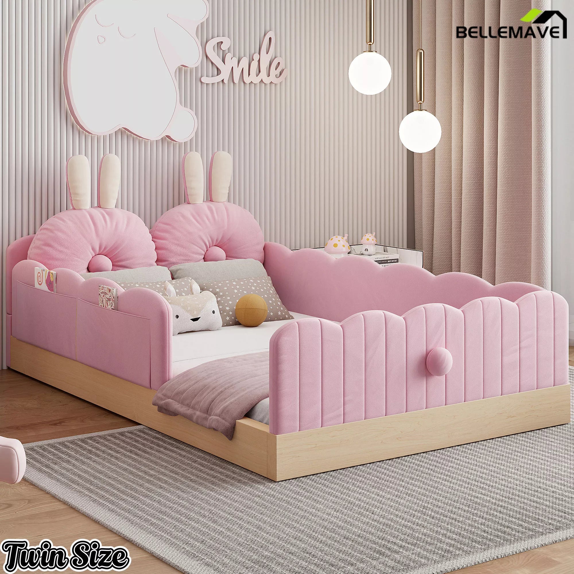 Pink bunny-themed upholstered bed styled with pillows in a bedroom