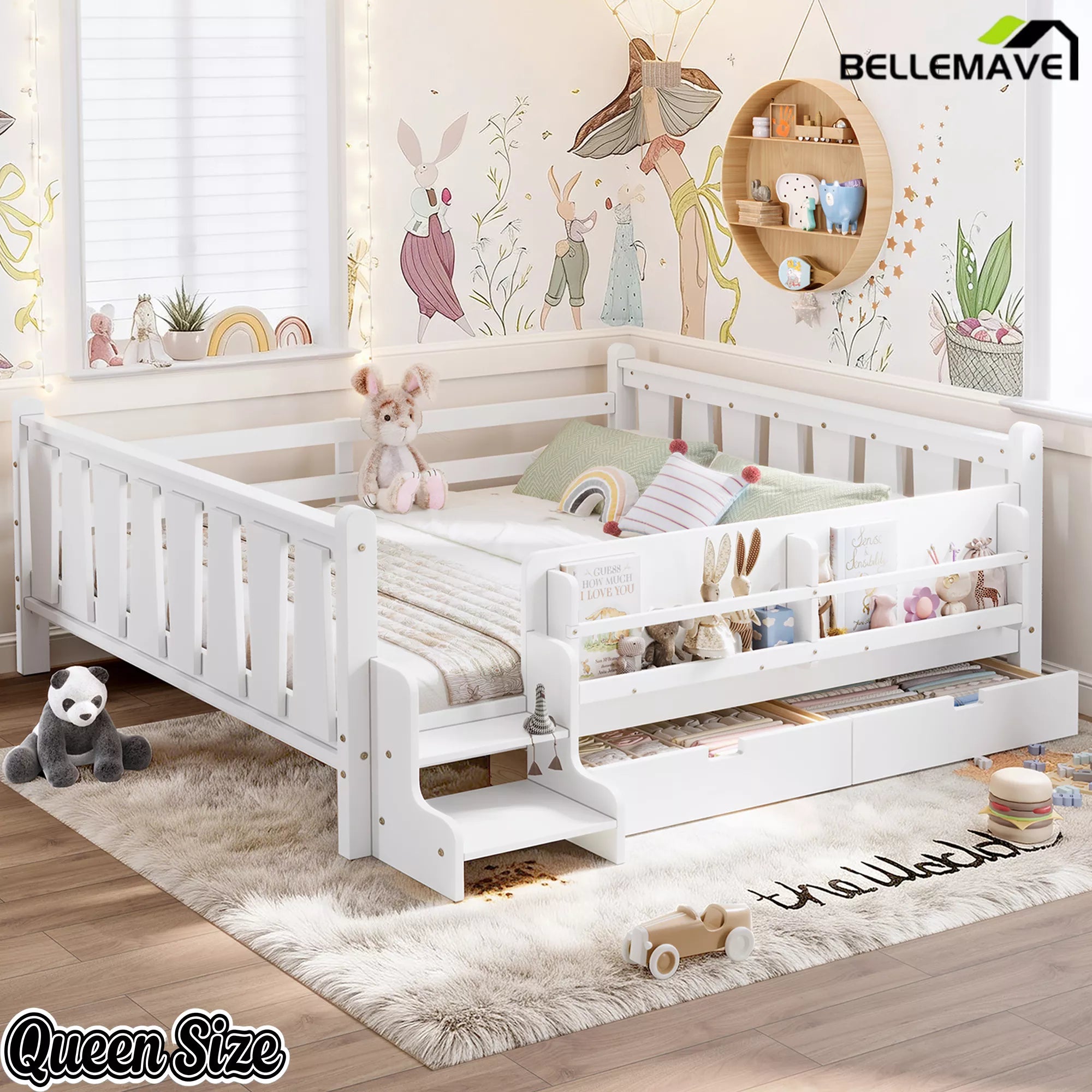 White queen size kids floor bed with storage drawers
