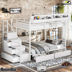 Queen size white metal bunk bed with upper storage rack, staircase cabinets and lower fabric drawers