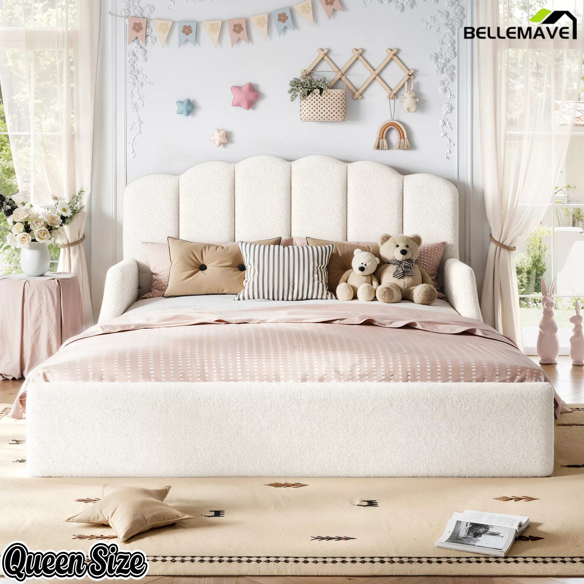 Queen Size White Upholstered Floor Bed