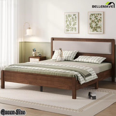 Dark wood finish Queen bed frame with padded headboard and coordinated bedding