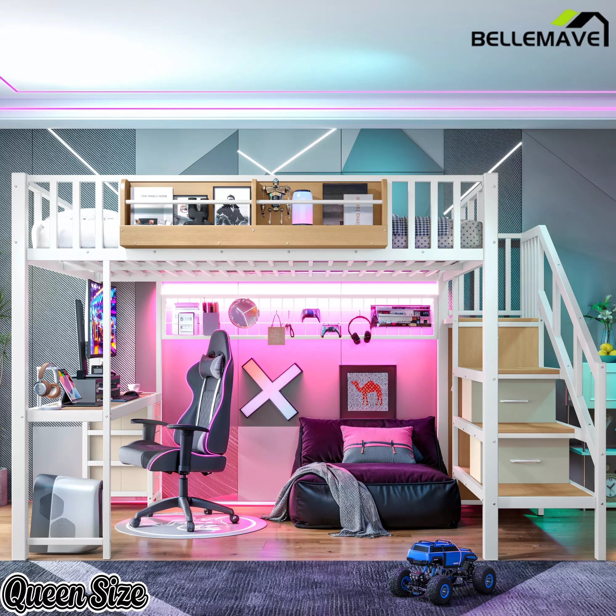 White Queen Size Loft Bed Workspace Design