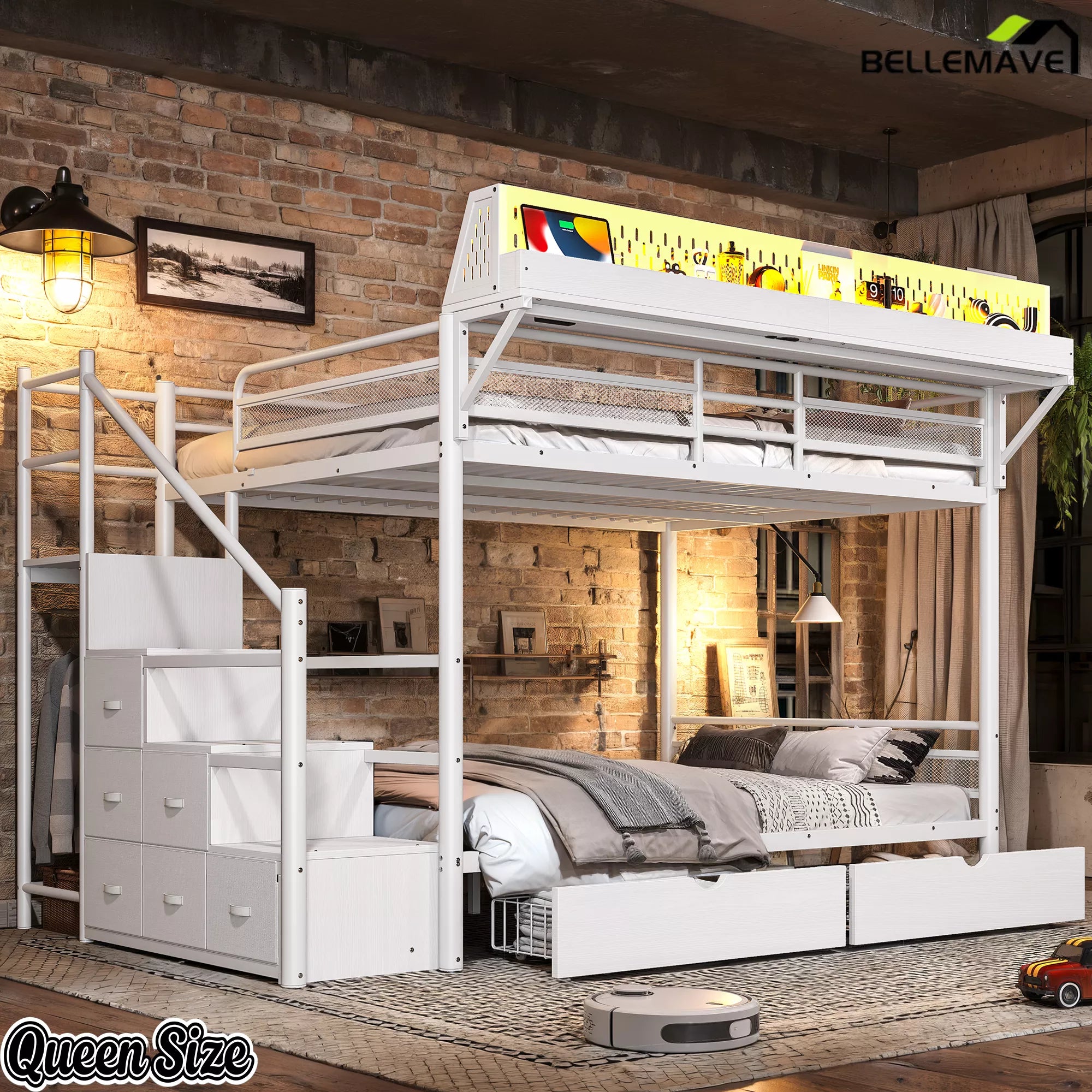 Queen size white metal bunk bed with staircase storage and upper bunk guardrails in a bedroom