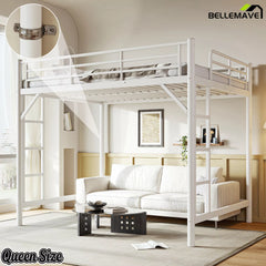 Queen loft bed frame with safety guardrails