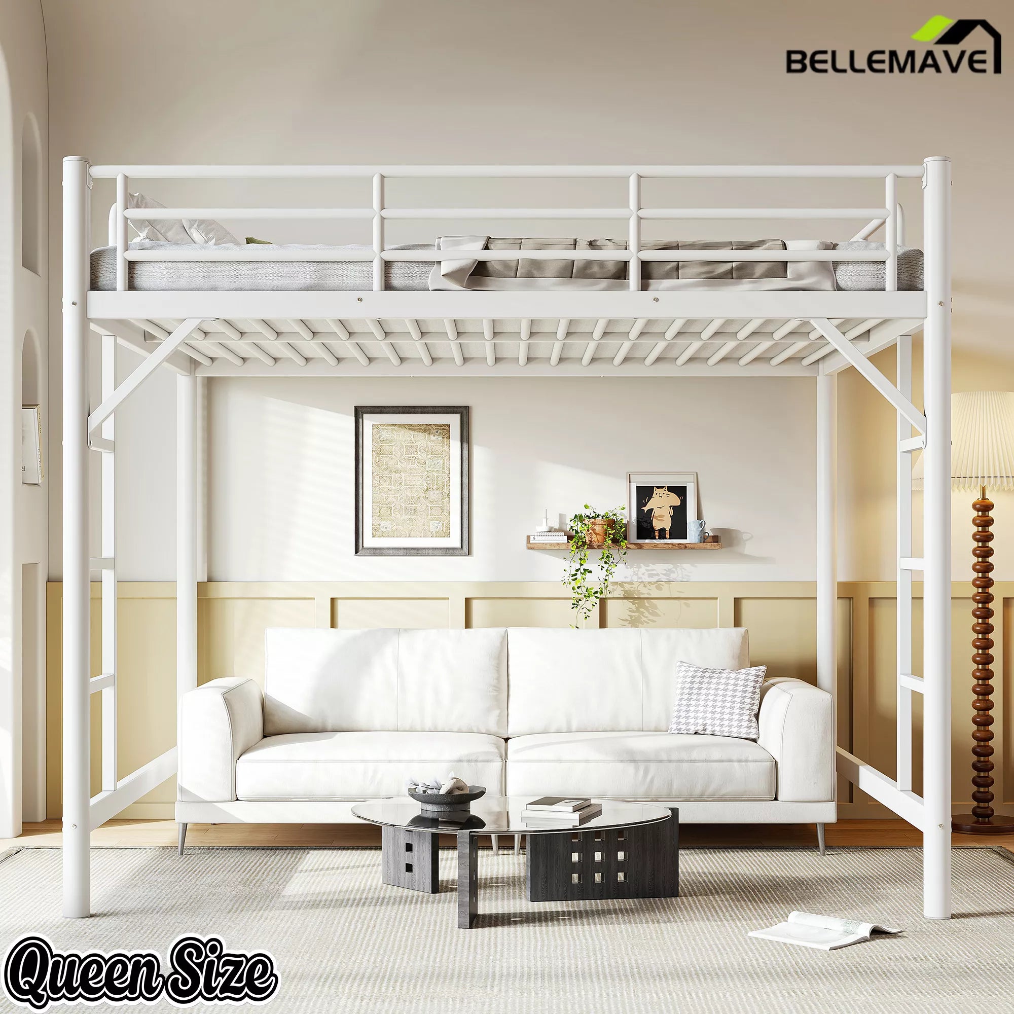 Front view of white queen loft bed