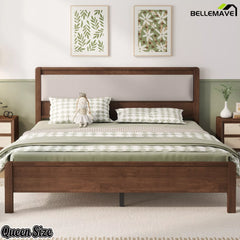 Front view of the dark wood Queen bed with upholstered headboard