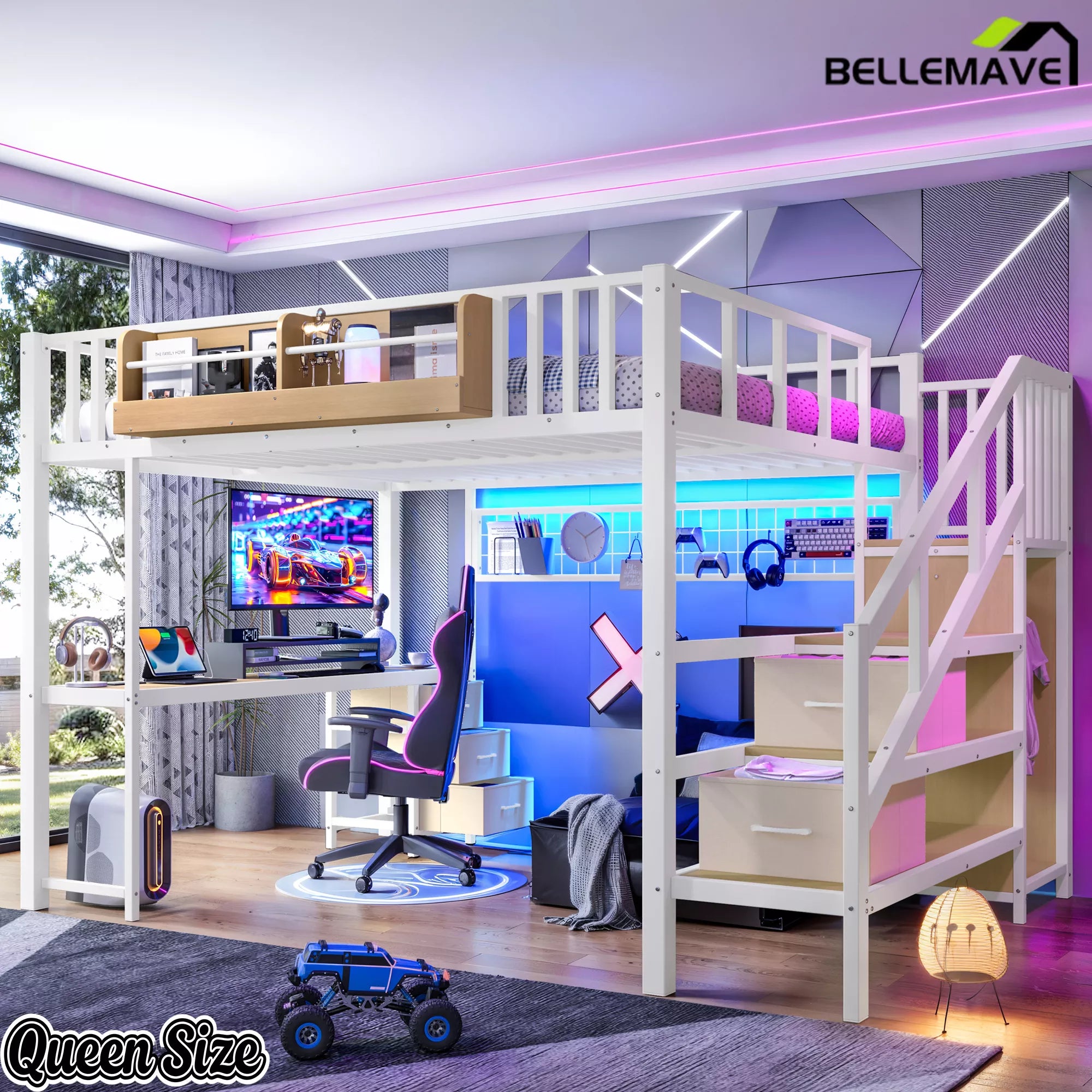 White Queen Size Heavy Duty Loft Bed with Desk