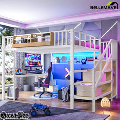 White Queen Size Heavy Duty Loft Bed with Desk