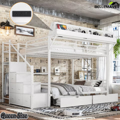 Angled view of queen size white metal bunk bed with built-in staircase cabinets and lower drawers