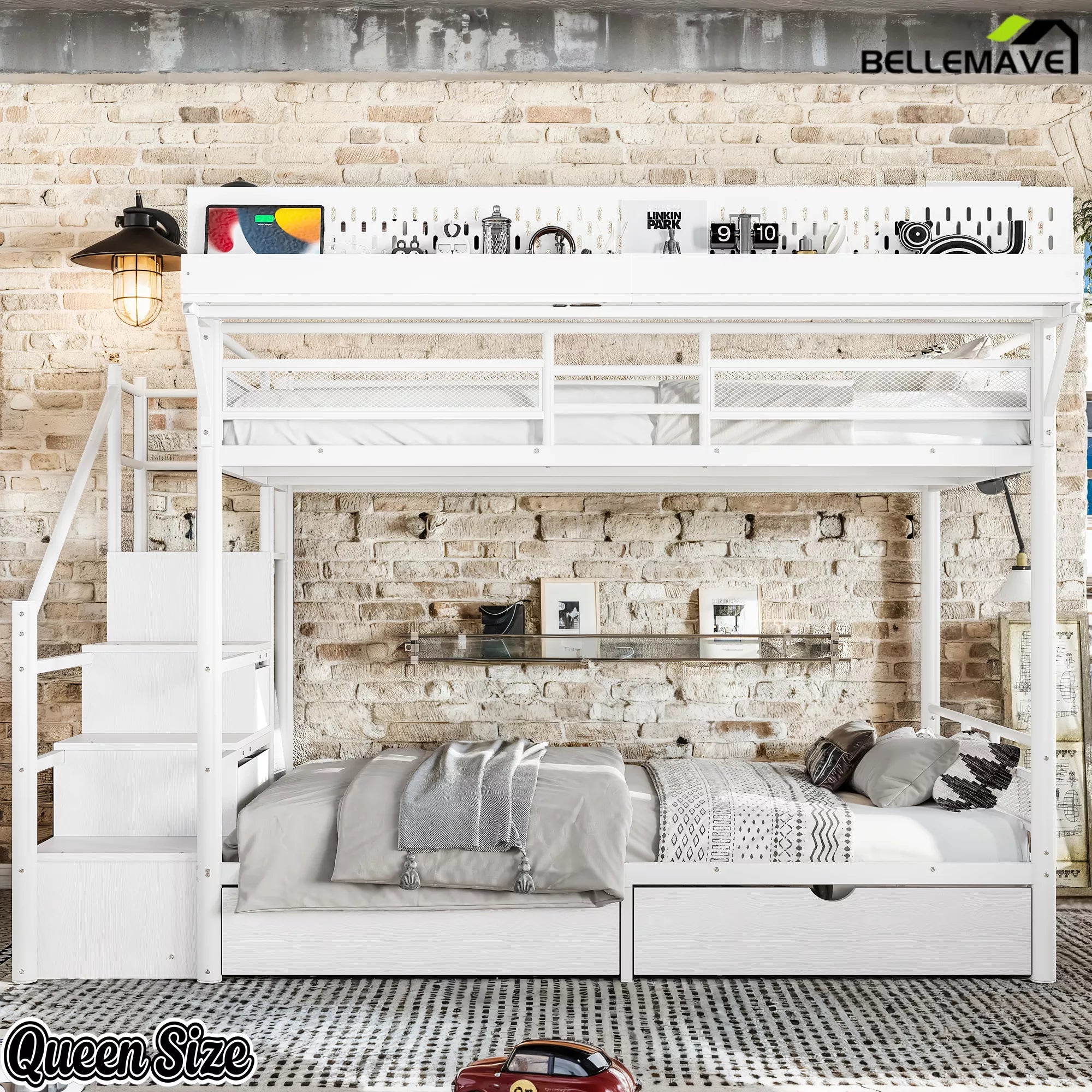 Front view of queen size white metal bunk bed showing upper and lower sleeping areas