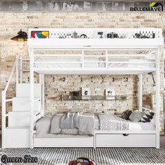 Front view of queen size white metal bunk bed showing upper and lower sleeping areas