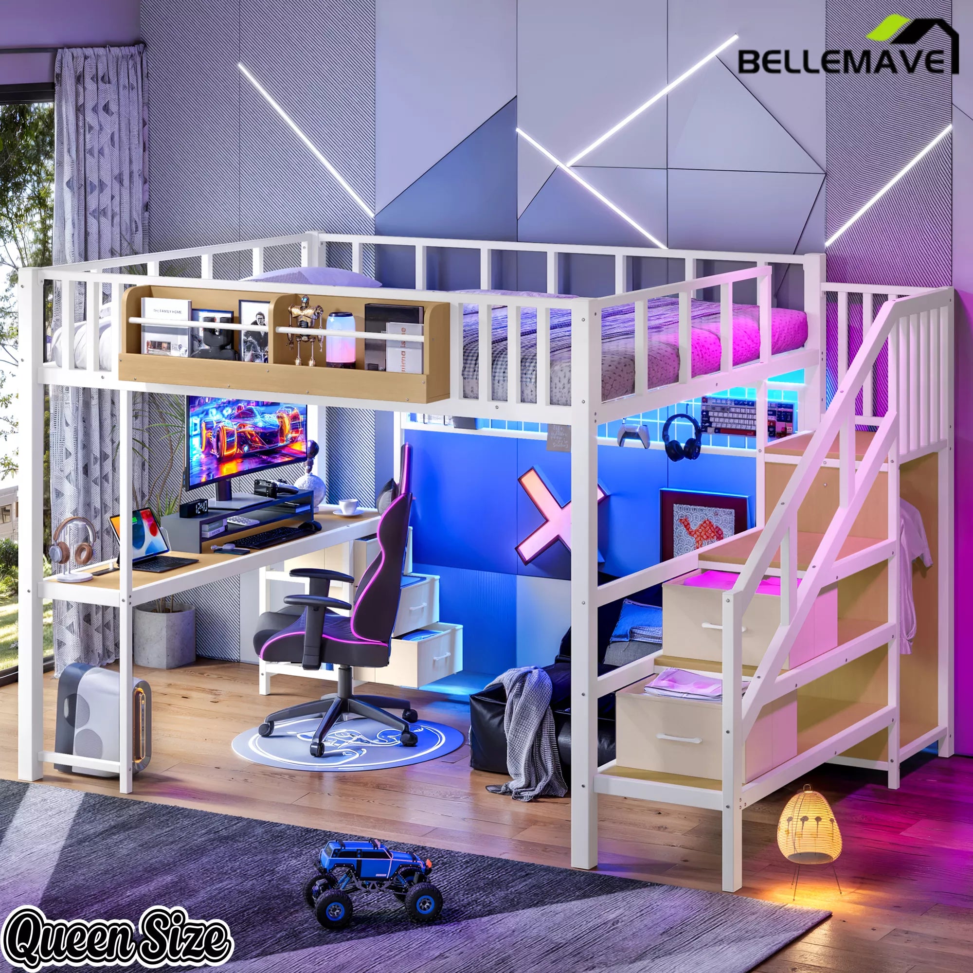 White Queen Size Loft Bed with Desk and Storage Stair