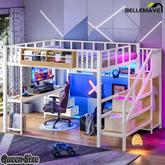 White Queen Size Loft Bed with Desk and Storage Stair