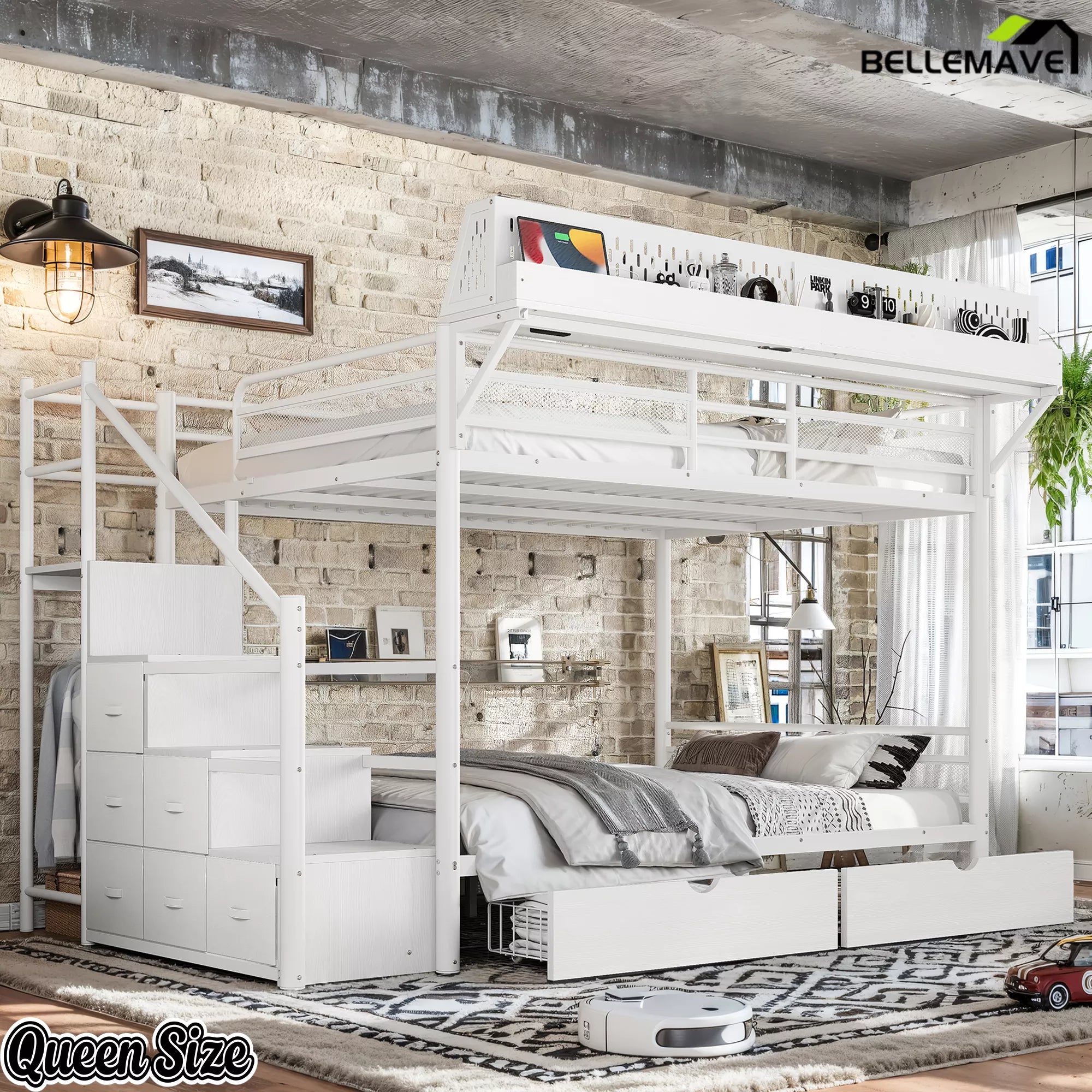 Queen size white metal bunk bed with upper guardrails, lower bunk and integrated staircase storage