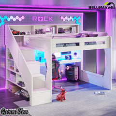 queen loft bed frame with open shelves