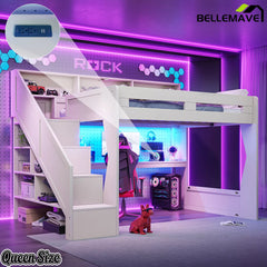 queen gaming loft bed with LED light setup