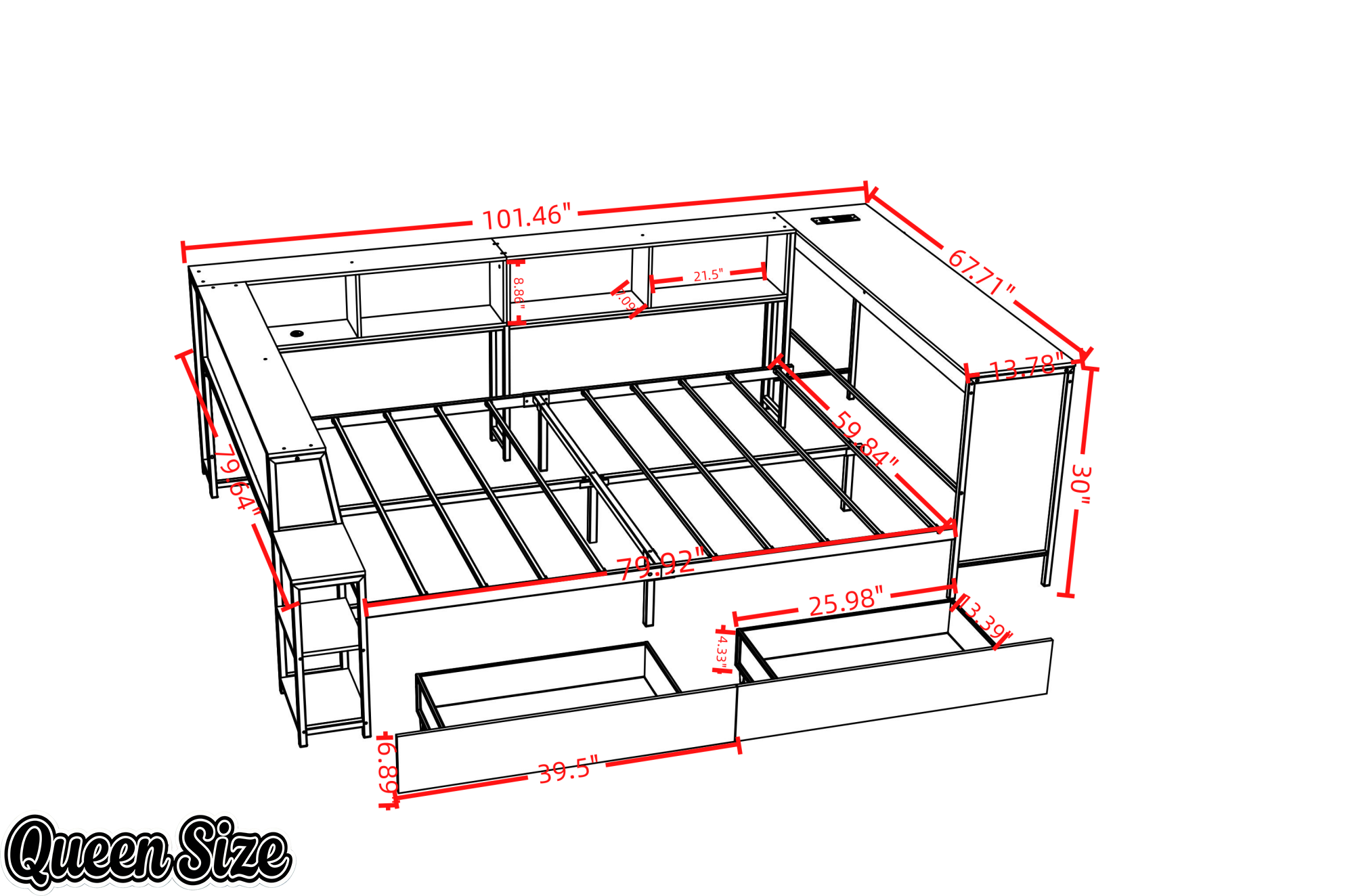 Bellemave® Corner Bed Frame with Desk & Storage, Captains Bed with Charging Station & LED Light, Wood Daybeds with L-Shaped Bookcase & 2 Drawers Bellemave®