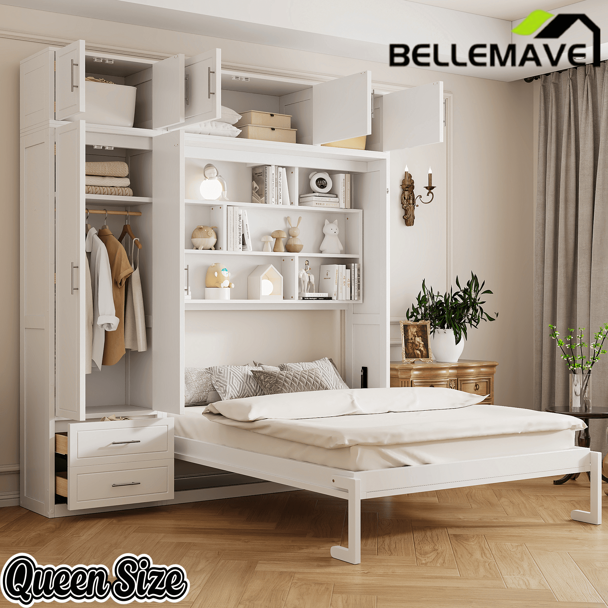 Bellemave® Queen Size Murphy Bed with Top Cabinet & Shelves,Space-Saving Multifunctional Hideaway Wall Foldable Bed,Bedroom Folding Bedframe for Guest Room Bellemave®