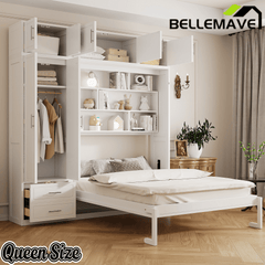 Bellemave® Queen Size Murphy Bed with Top Cabinet & Shelves,Space-Saving Multifunctional Hideaway Wall Foldable Bed,Bedroom Folding Bedframe for Guest Room Bellemave®
