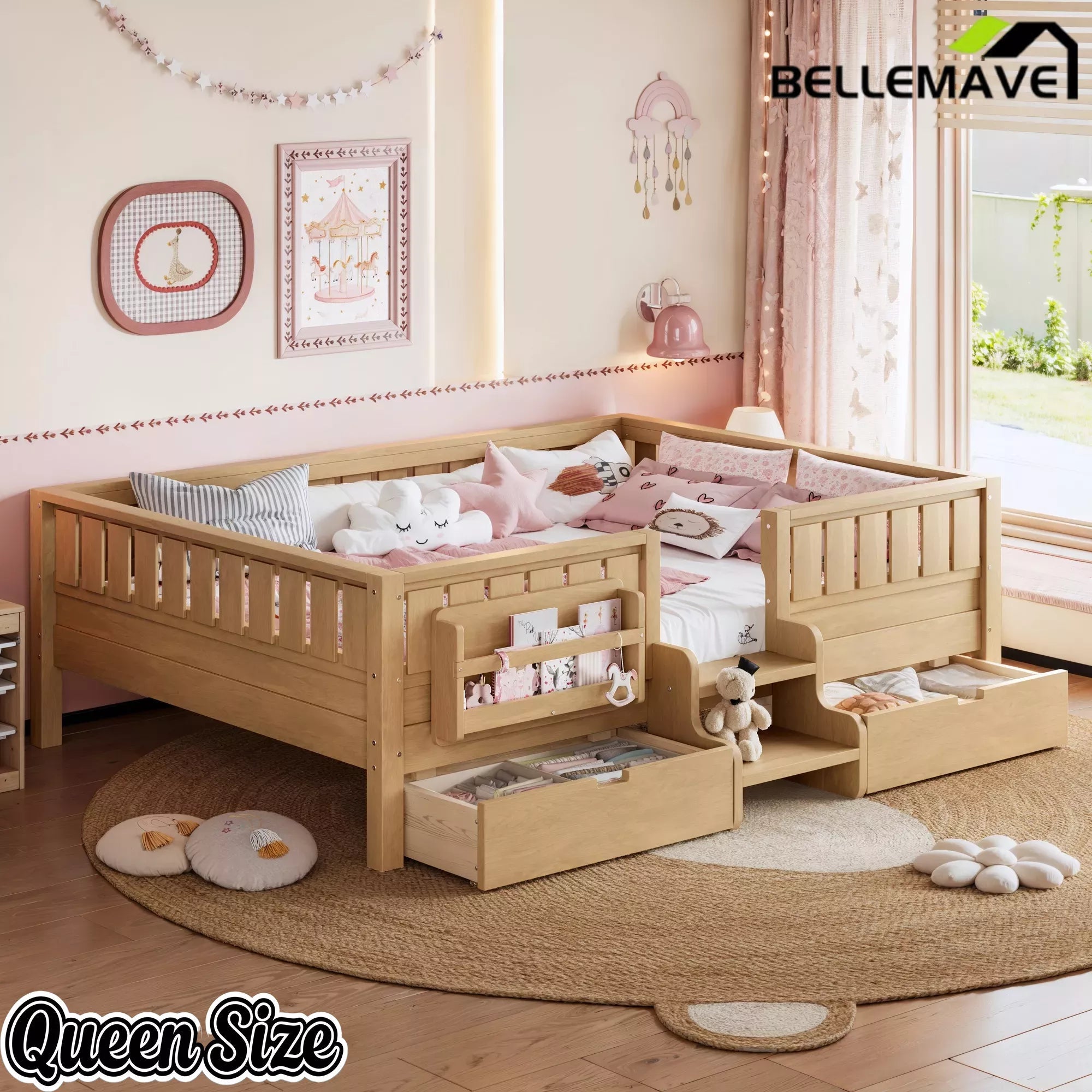 Bellemave® Kids Twin Size Montessori Bed Frame with Built-in Storage Shelves and Drawers, Floor Bed with Staircase and Full-Length High Rails,for Boys, Girls, Wood,Easy Assemble Bellemave®