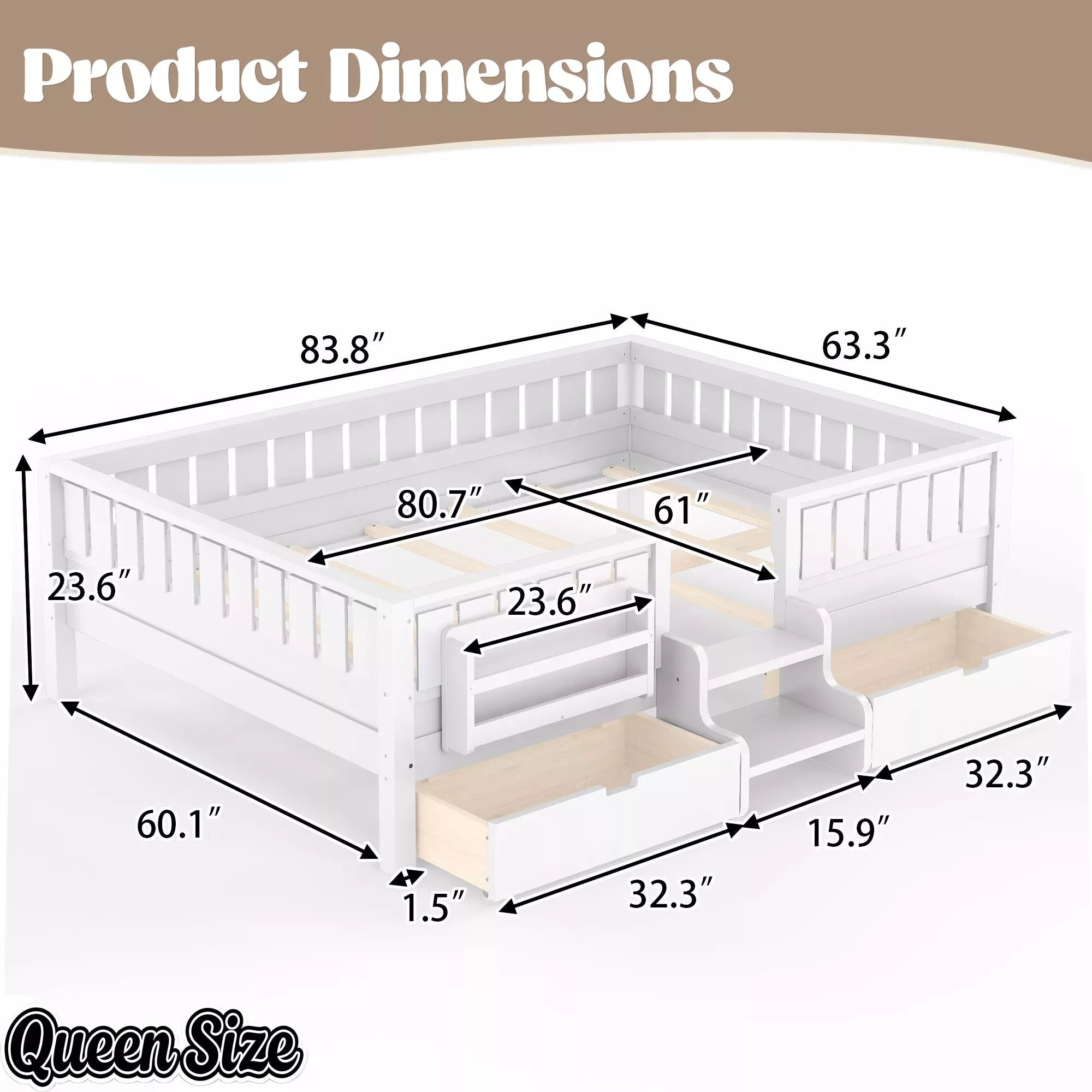 Bellemave® Kids Twin Size Montessori Bed Frame with Built-in Storage Shelves and Drawers, Floor Bed with Staircase and Full-Length High Rails,for Boys, Girls, Wood,Easy Assemble Bellemave®